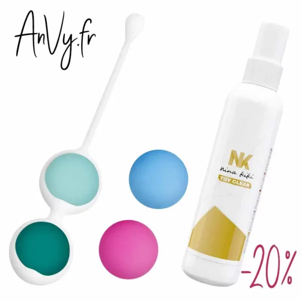 Coffret plaisir féminin solo à -20% de réduction avec boules de geisha et nettoyant sextoy